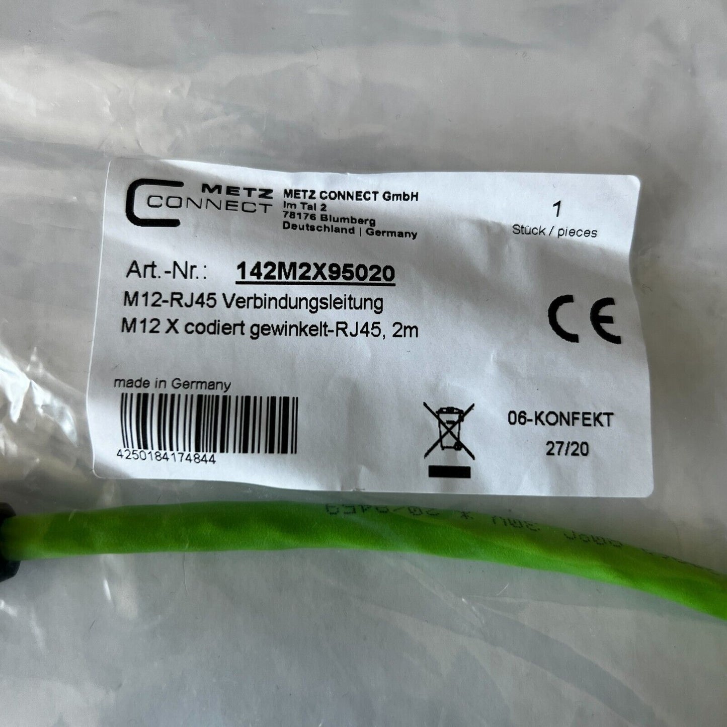 Metz Connect 142M2X95020 2m Cable Assembly - M12 to RJ45, 8 Conductors - USA - Premium from METZ CONNECT - Just $52.24! Shop now at Engtechsupplies